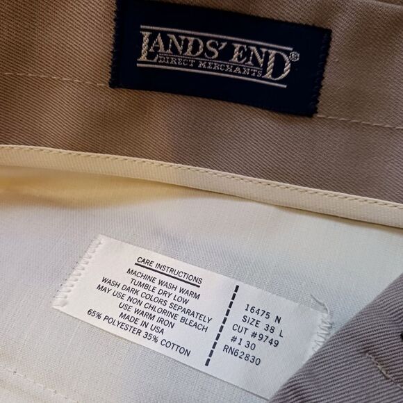 LANDS' END Chino Pants Tailored Dress Trouser Pleated Wide Leg Kahki 38x37 38 L - Picture 3 of 13